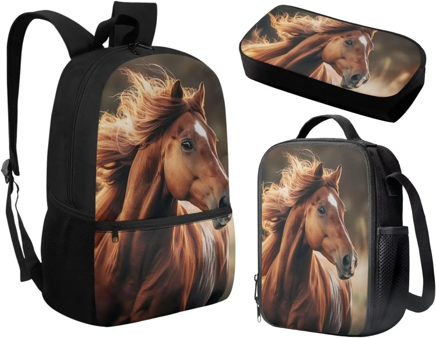 Horse Backpack and Lunchbox Set Kids Book Bag for 4th Grade for Girls School with Lunch Box for 9-10 Animal Book Bag Lunch Bag Pencil Case Set of 3 Large Capacity Backpacks for School