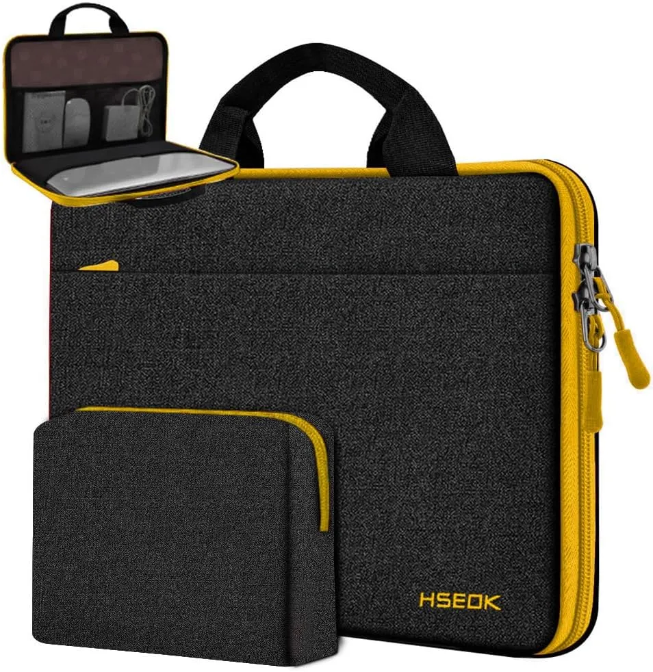 Hseok Slim Laptop Case 13-14 inch Briefcase with Small Case Compatible with MacBook Pro 14" M4/M3/M2/M1 2025-2021, 13.3" Mac Air/Pro, XPS 13/14 Most 13"-14" Notebooks,Black-Yellow