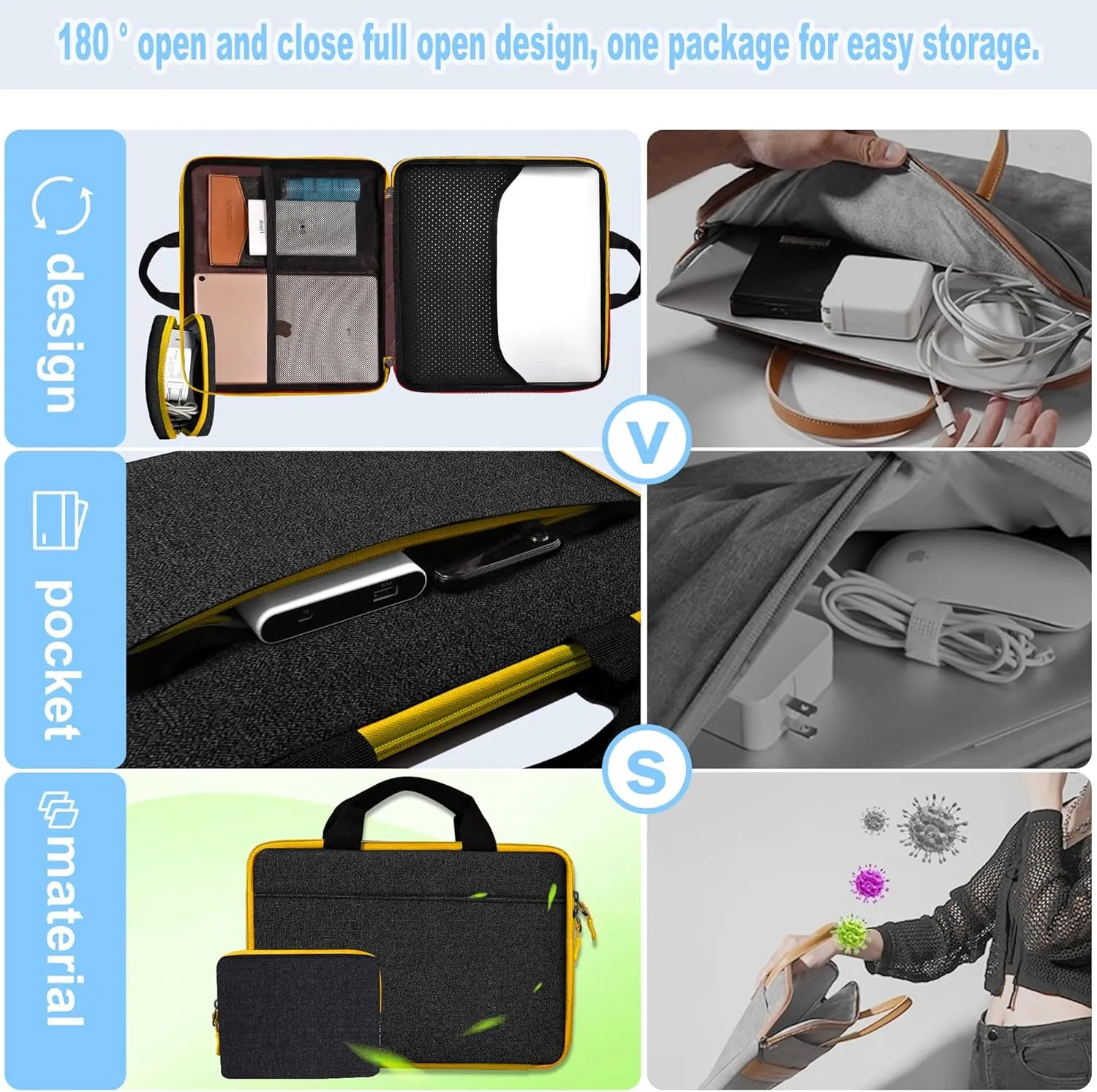 Hseok Slim Laptop Case 13-14 inch Briefcase with Small Case Compatible with MacBook Pro 14" M4/M3/M2/M1 2025-2021, 13.3" Mac Air/Pro, XPS 13/14 Most 13"-14" Notebooks,Black-Yellow