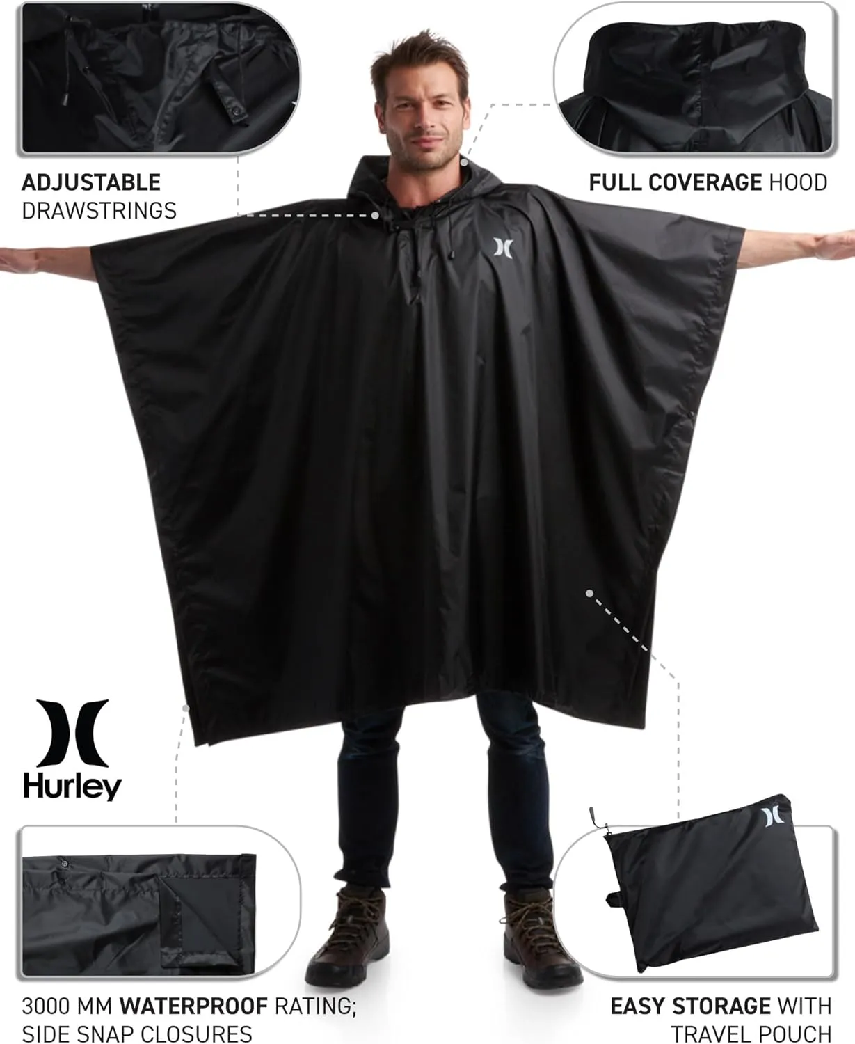 Hurley Ponchos Adult - Waterproof Rain Ponchos for Adults, Lightweight Packable Rain Poncho for Hiking, Camping & Emergency