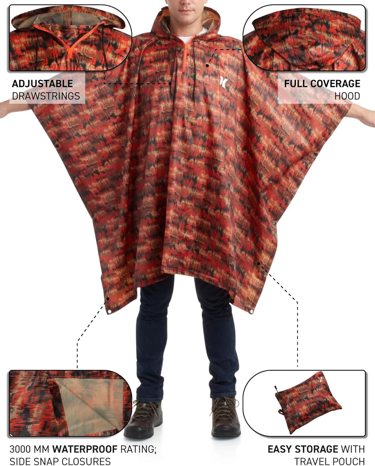 Hurley Ponchos Adult - Waterproof Rain Ponchos for Adults, Lightweight Packable Rain Poncho for Hiking, Camping & Emergency