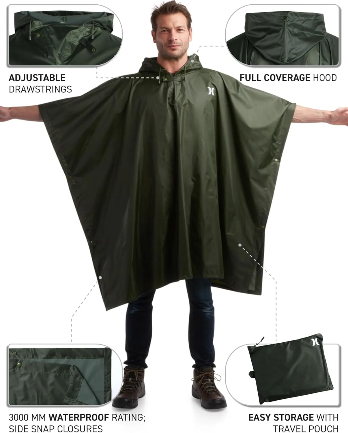 Hurley Ponchos Adult - Waterproof Rain Ponchos for Adults, Lightweight Packable Rain Poncho for Hiking, Camping & Emergency