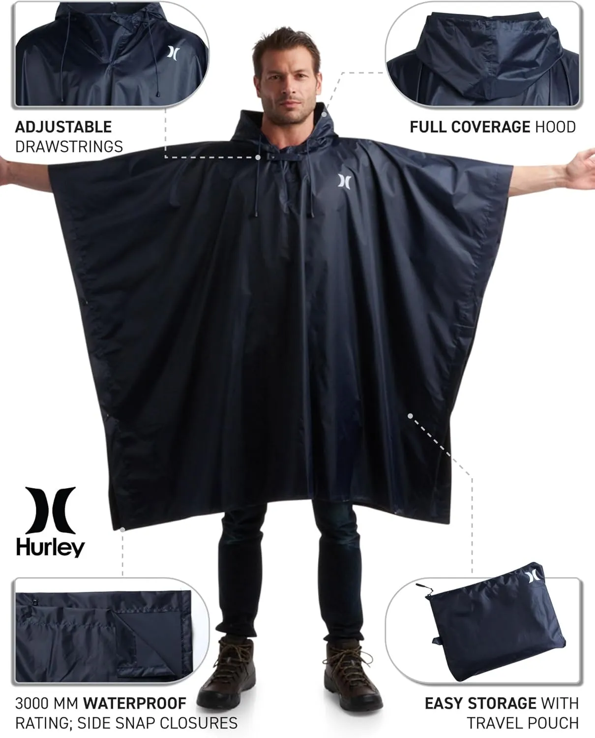 Hurley Ponchos Adult - Waterproof Rain Ponchos for Adults, Lightweight Packable Rain Poncho for Hiking, Camping & Emergency