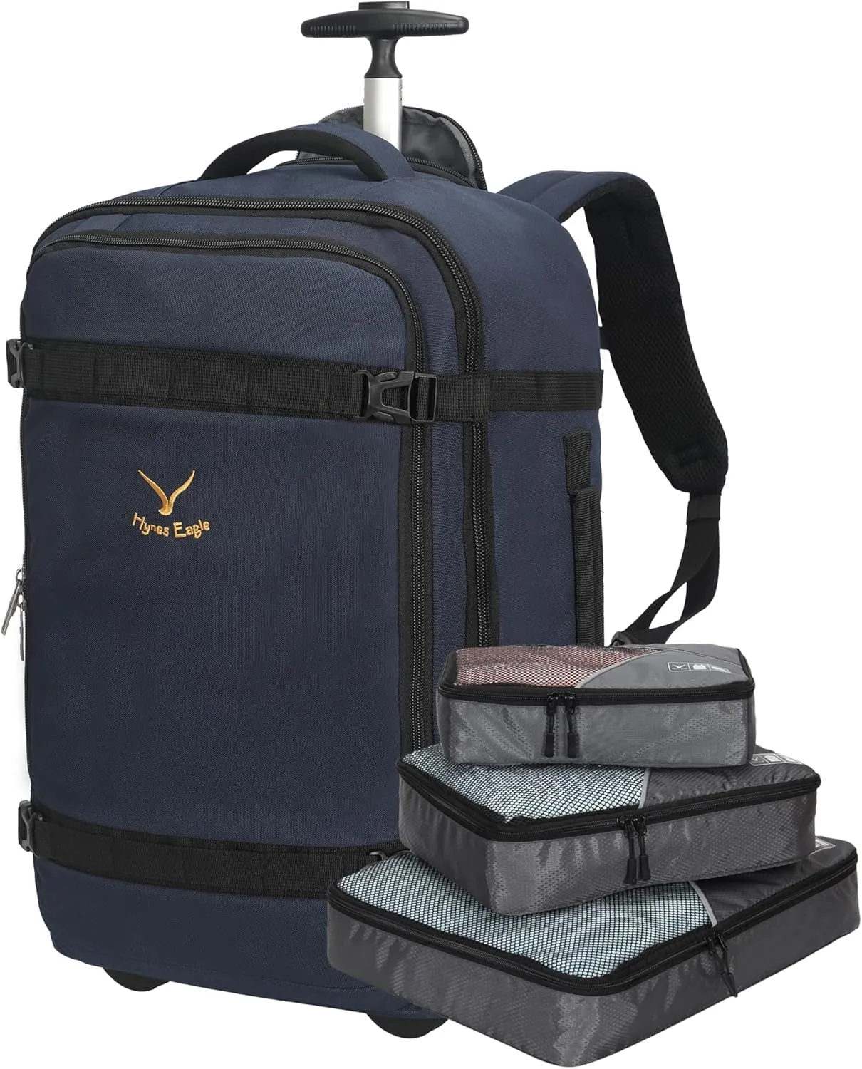 Hynes Eagle 42L Rolling Backpack Wheeled Backpack Flight Approved Travel Backpack Carry on Luggage Dark Blue with 3PCS Packing Cubes Set Grey