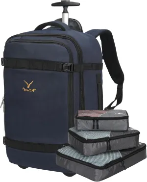 Hynes Eagle 42L Rolling Backpack Wheeled Backpack Flight Approved Travel Backpack Carry on Luggage Dark Blue with 3PCS Packing Cubes Set Grey