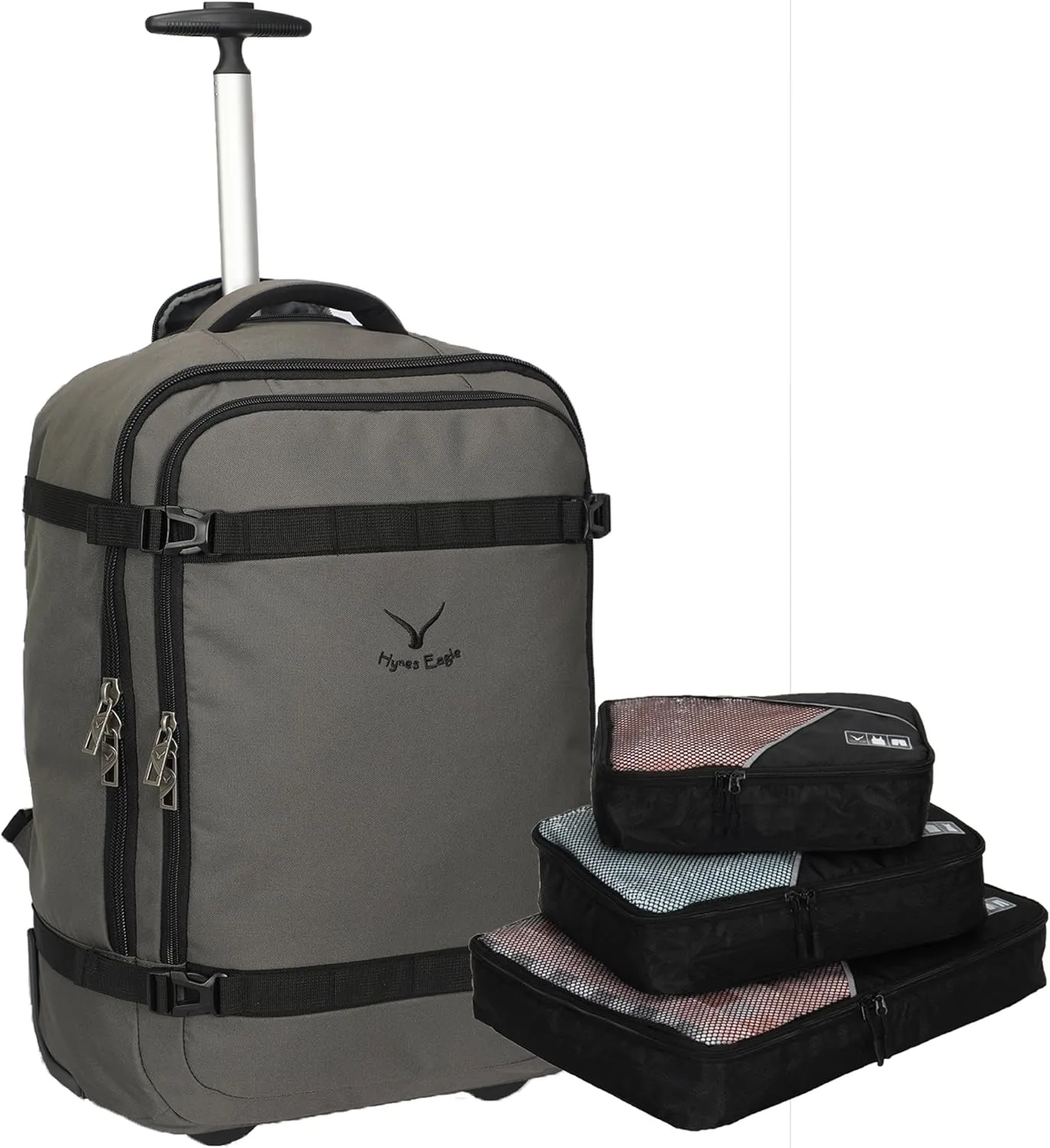Hynes Eagle 42L Rolling Backpack Wheeled Backpack Flight Approved Travel Backpack Carry on Luggage Grey with 3PCS Packing Cubes Set Black