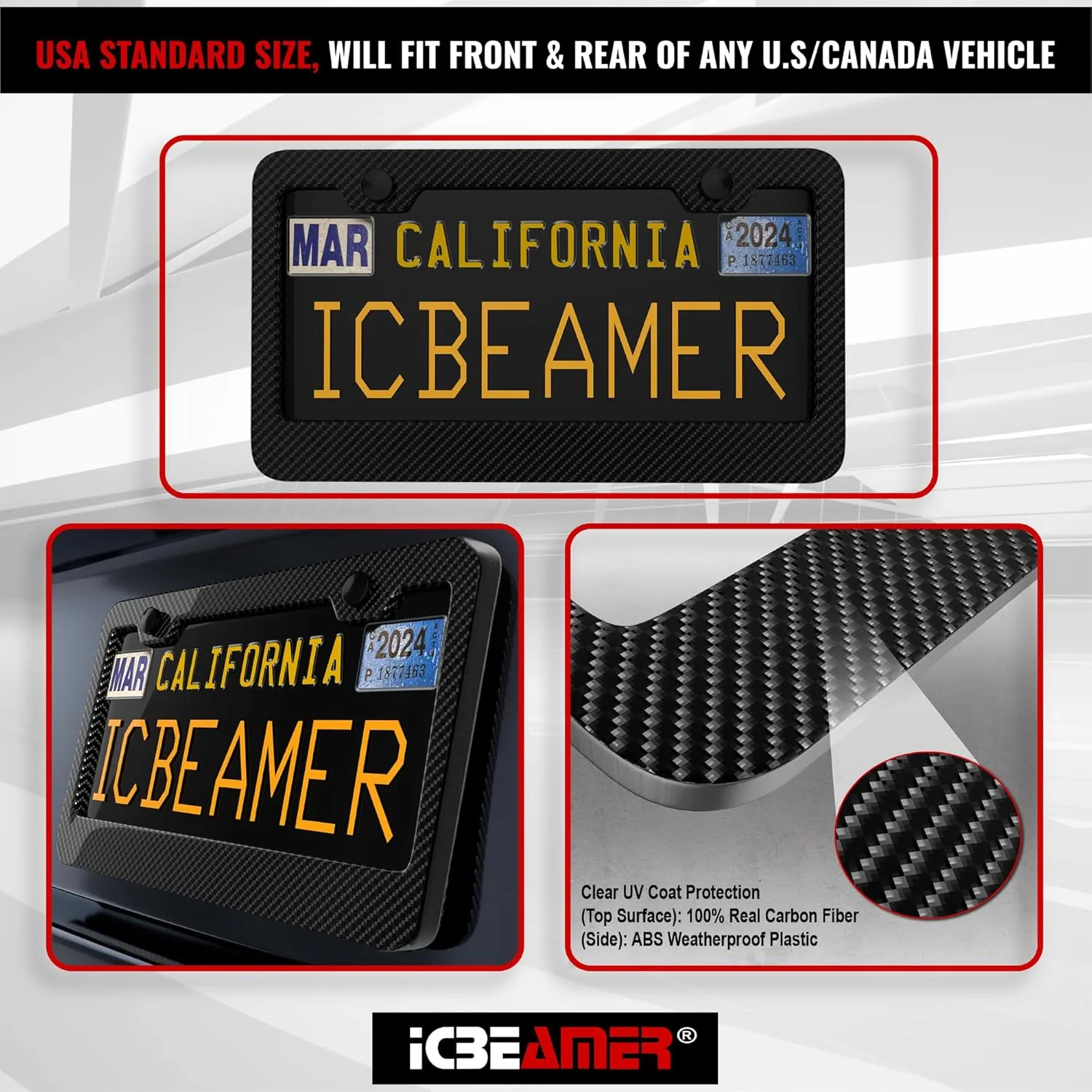 ICBEAMER Black Carbon Fiber License Plate Frame Tag Snap for All Vehicle Truck SUV Mini Van Front Rear [Pack of 1 pc]