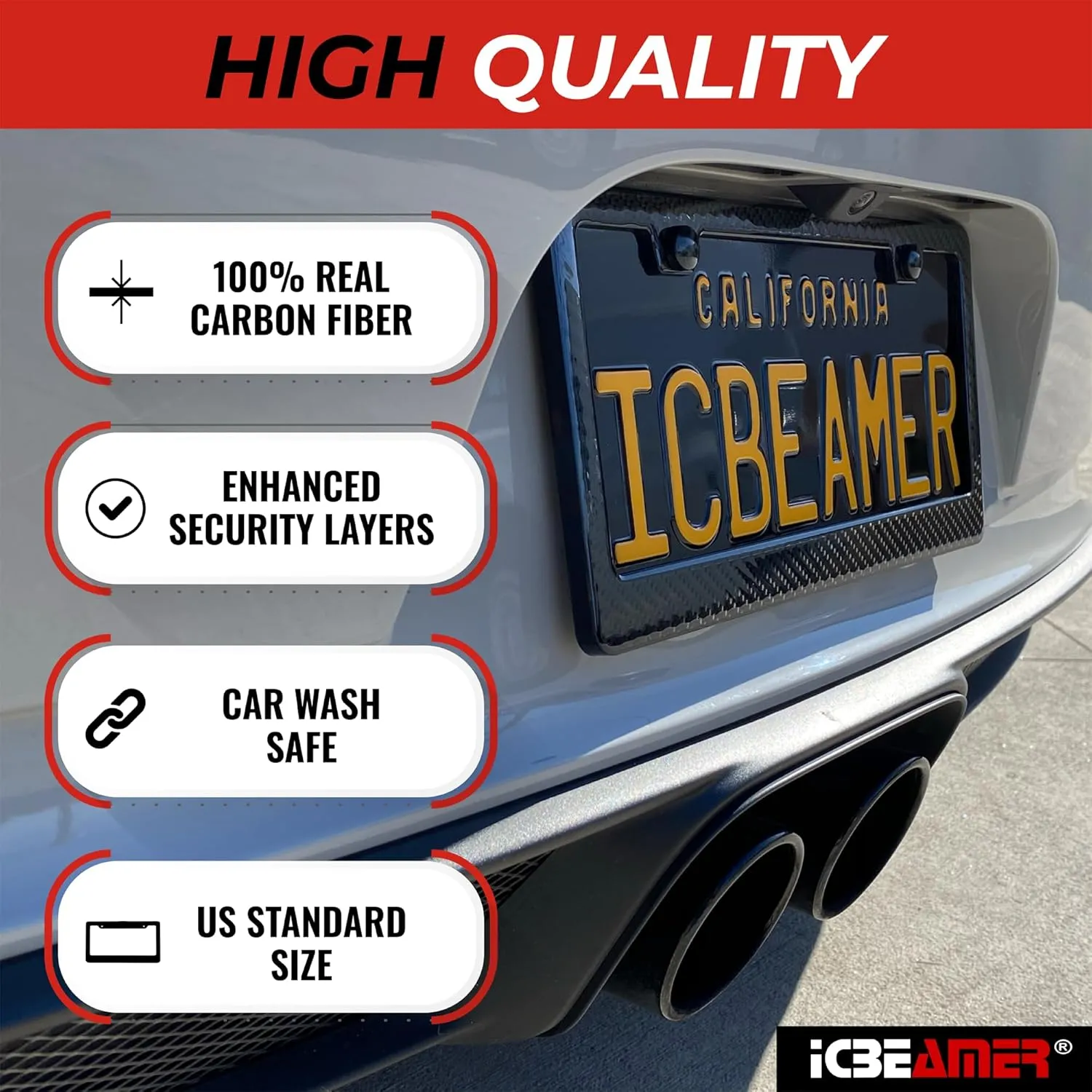 ICBEAMER Black Carbon Fiber License Plate Frame Tag Snap for All Vehicle Truck SUV Mini Van Front Rear [Pack of 1 pc]