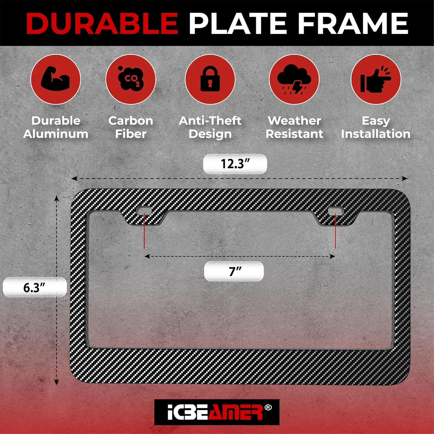ICBEAMER Black Carbon Fiber License Plate Frame Tag Snap for All Vehicle Truck SUV Mini Van Front Rear [Pack of 1 pc]