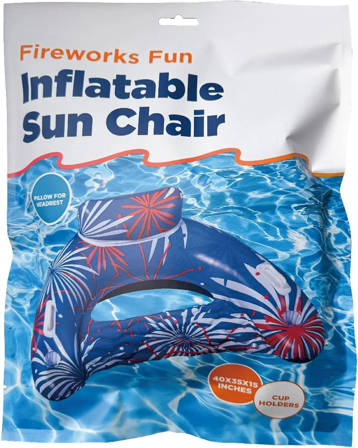 In The Swim Fireworks Fun Inflatable Sun Chair - Vibrant Pool Hammock - Comfortable Pillow Support - 2 Cup Holders - Durable Design