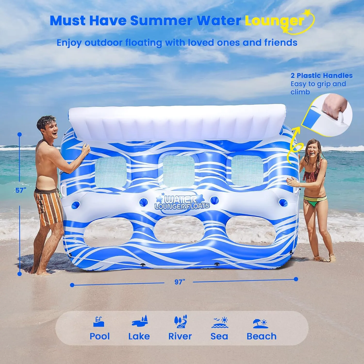 Inflatable Pool Floats Adults, Large Pool Lounger Chair Floaties with Cup Holders Backrest Footrest, Tanning Water Float for Swimming Pool Lake River Sea, Pool Raft Carry 300lb Adults