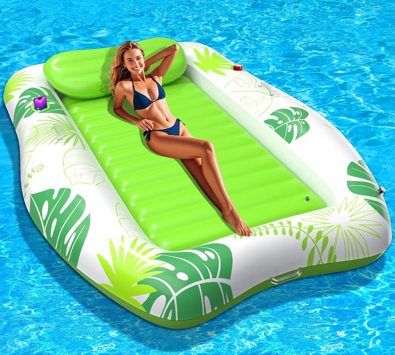 Inflatable Tanning Pool, 2025 Large Tanning Pool Lounger Float for Adults with Removable Head Rest, Sunbathing Tanning Pool Float with Cup & Phone Holders, Blow Up Tanning Pool Bed,Green