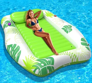 Inflatable Tanning Pool, 2025 Large Tanning Pool Lounger Float for Adults with Removable Head Rest, Sunbathing Tanning Pool Float with Cup & Phone Holders, Blow Up Tanning Pool Bed,Green