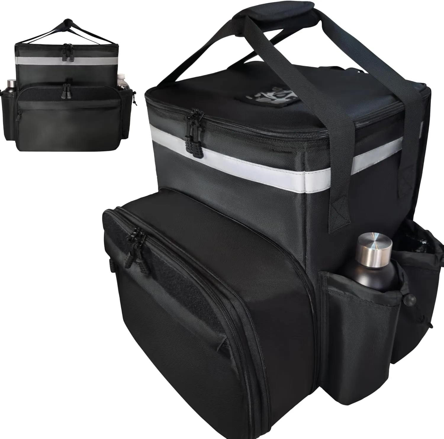 Insulated Food Delivery Backpack made with Expandable 1680D commercial-grade fabric features customizable Velcro patch area for branding, ideal for bike deliveries, Uber Eats, DoorDash, Grubhub