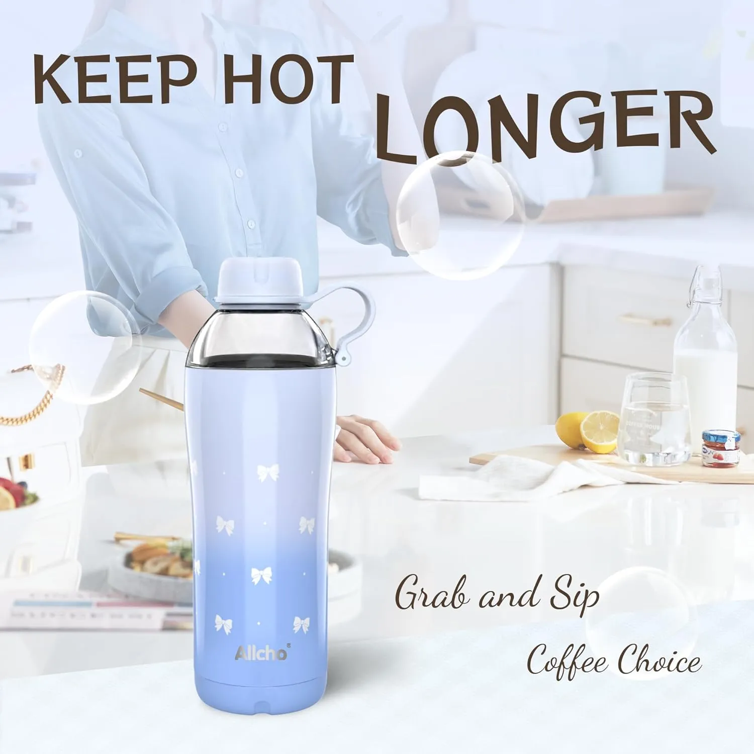 Insulated Water Bottle for Women, 18 oz Stainless Steel Water Bottles, Double Walled, 2 Lids (Chug & Tumbler) - Hydrate & Caffeinate, Gifts