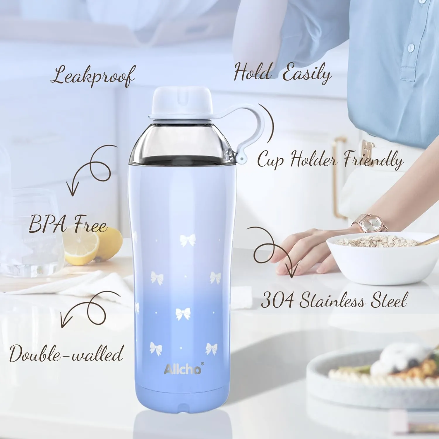 Insulated Water Bottle for Women, 18 oz Stainless Steel Water Bottles, Double Walled, 2 Lids (Chug & Tumbler) - Hydrate & Caffeinate, Gifts