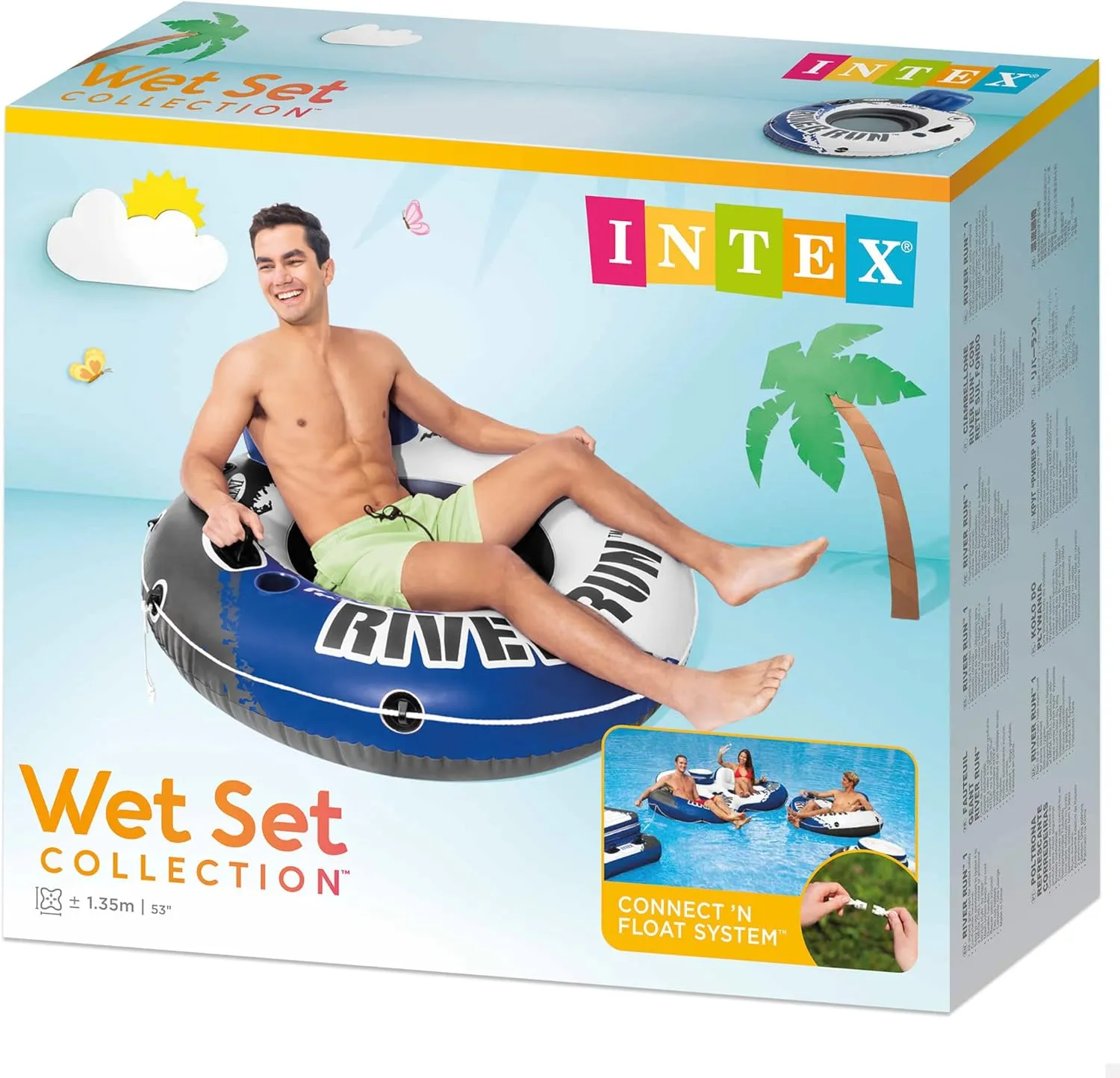 INTEX 58825EP River Run 1 Inflatable Floating Lounge: Comfortable Backrest – Built-in Cup Holders – Durable Grab Handles – All Around Grab Rope – 220lb Weight Capacity– Blue