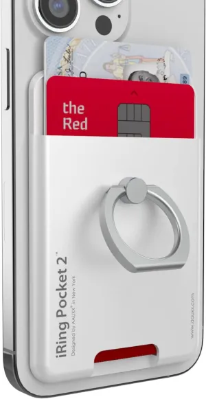 iRing Pocket, Made in Korea, Card Cell Phone Ring Grip Holder. Holds 2 Cards. Phone Wallet Card Holder with Finger Grip. Compatible with iPhone, Galaxy, Other Android Smartphones(Pearl White)