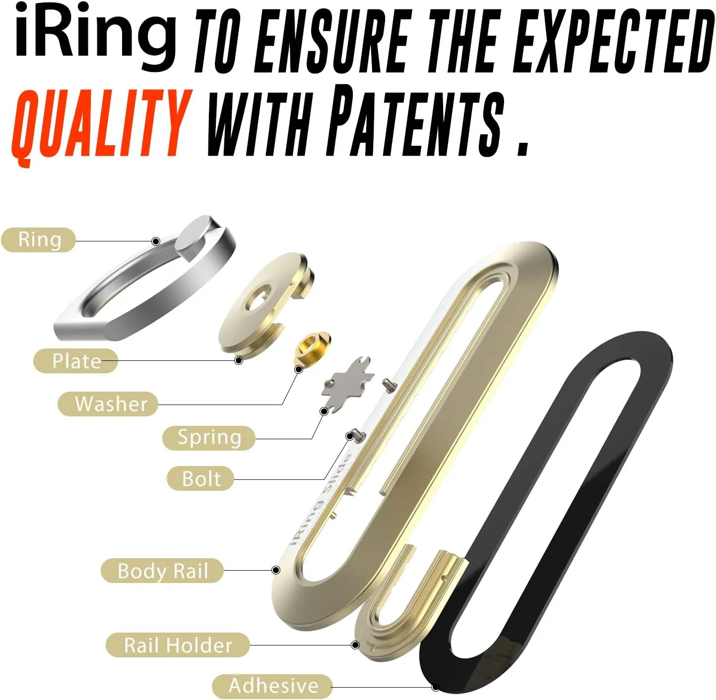 iRing Slide, Made in Korea, Wireless Charging Friendly Phone Holder. Cell Phone Ring Grip Finger Holder and Stand Compatible with iPhone 12,13 & 14 Series, Galaxy, and Other Smartphones (Gold)