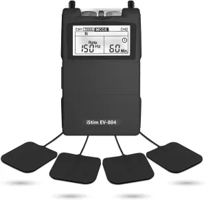 iSTIM EV-804 TENS/EMS 2 Channel Rechargeable Combo Machine Unit - Muscle Stimulator   Back Pain Relief and Management- 7 modes/24 Programs/Backlit (Including Electrodes Pads)