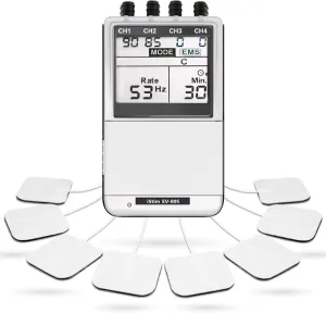 iSTIM EV-805 TENS EMS 4 Channel Rechargeable Combo Machine Unit - Muscle Stimulator   Back Pain Relief and Management- 24 Programs/Backlit (Including Electrodes Pads)