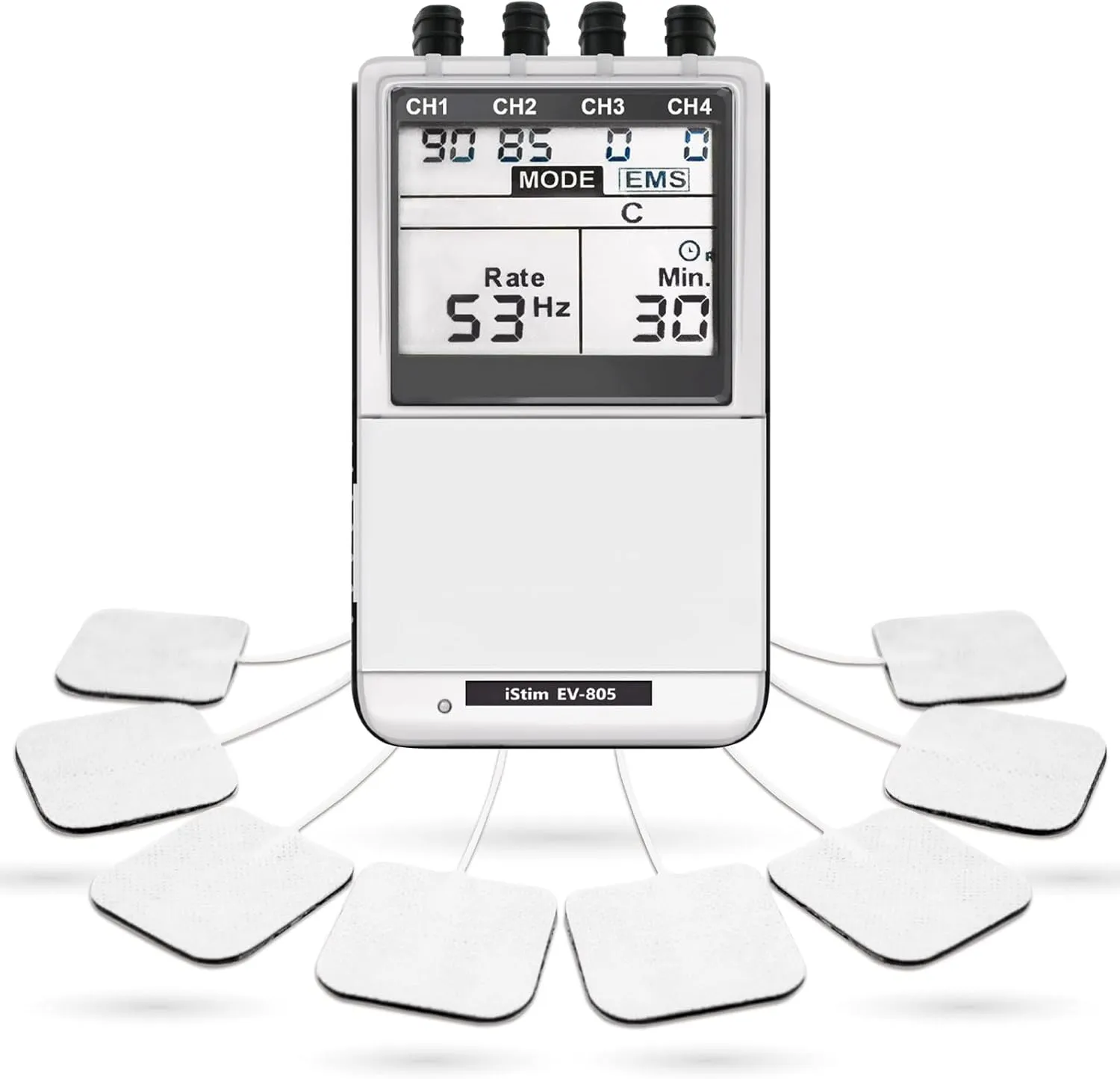 iSTIM EV-805 TENS EMS 4 Channel Rechargeable Combo Machine Unit - Muscle Stimulator   Back Pain Relief and Management- 24 Programs/Backlit (Including Electrodes Pads)