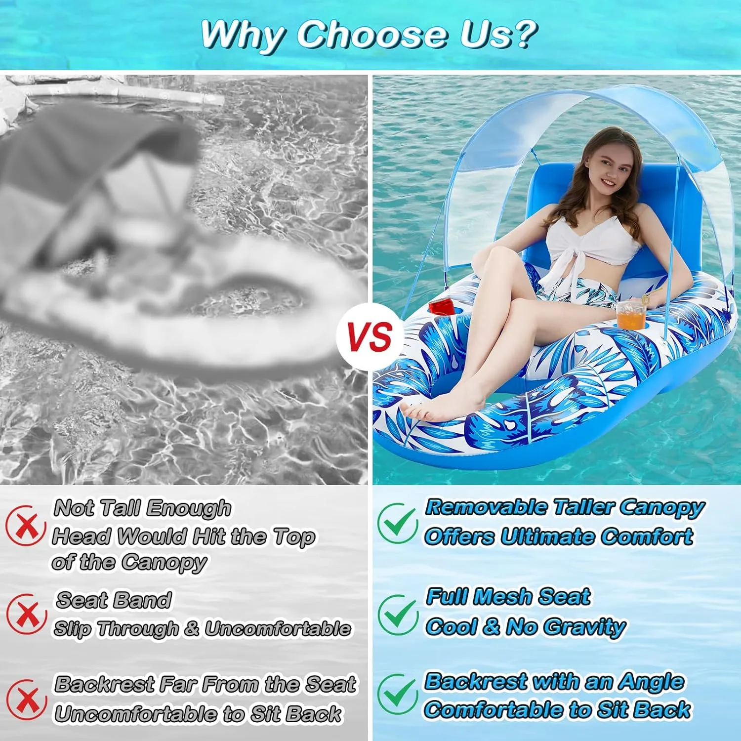 Jasonwell Pool Floats with Canopy - Inflatable Pool Float Adult Lounger Floaties Raft Floating Chair for Swimming Pool Lake Water Lounge Float with Cup Holders Beach Pool Party Toys for Adults
