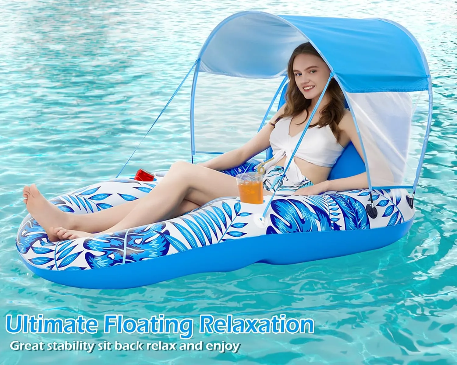 Jasonwell Pool Floats with Canopy - Inflatable Pool Float Adult Lounger Floaties Raft Floating Chair for Swimming Pool Lake Water Lounge Float with Cup Holders Beach Pool Party Toys for Adults