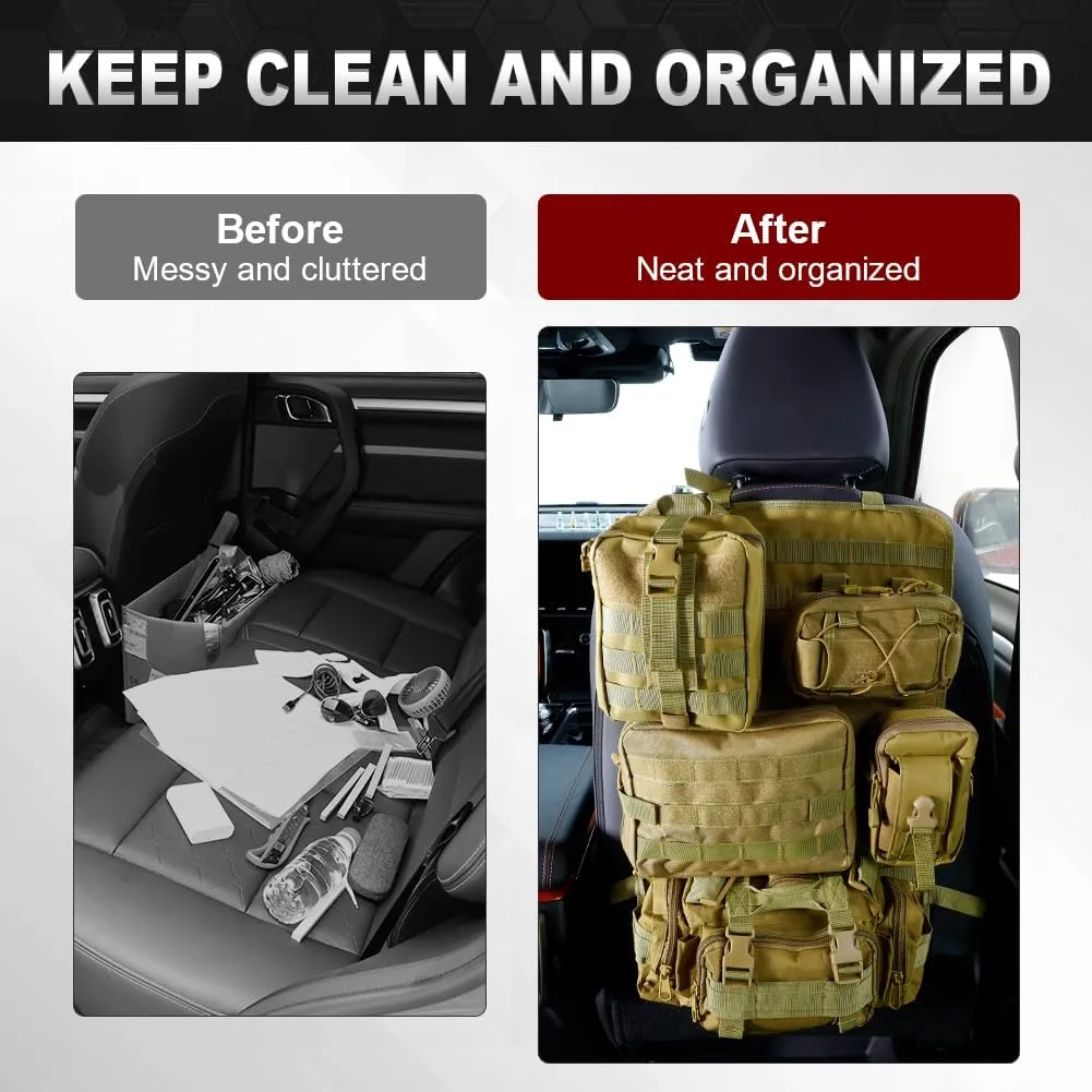JDMON Universal Molle-compatible Tactical Seat Back Organizer Hanger Panel with 5 Detachable Multifunctional Storage Pouch Fit for Most Vehicel Replacement for Chevy GMC Ford Jeep SUV Car Vans(Khaki)