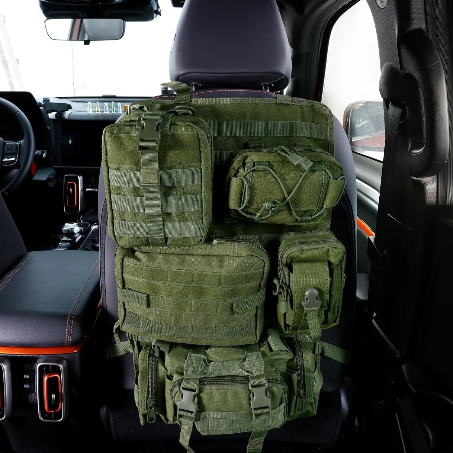 JDMON Universal Molle-compatible Tactical Seat Back Organizer Hanger Panel with 5 Detachable Multifunctional Storage Pouch Fit for Most Vehicel Replacement for Chevy GMC Ford Jeep SUV Car(Army Green)