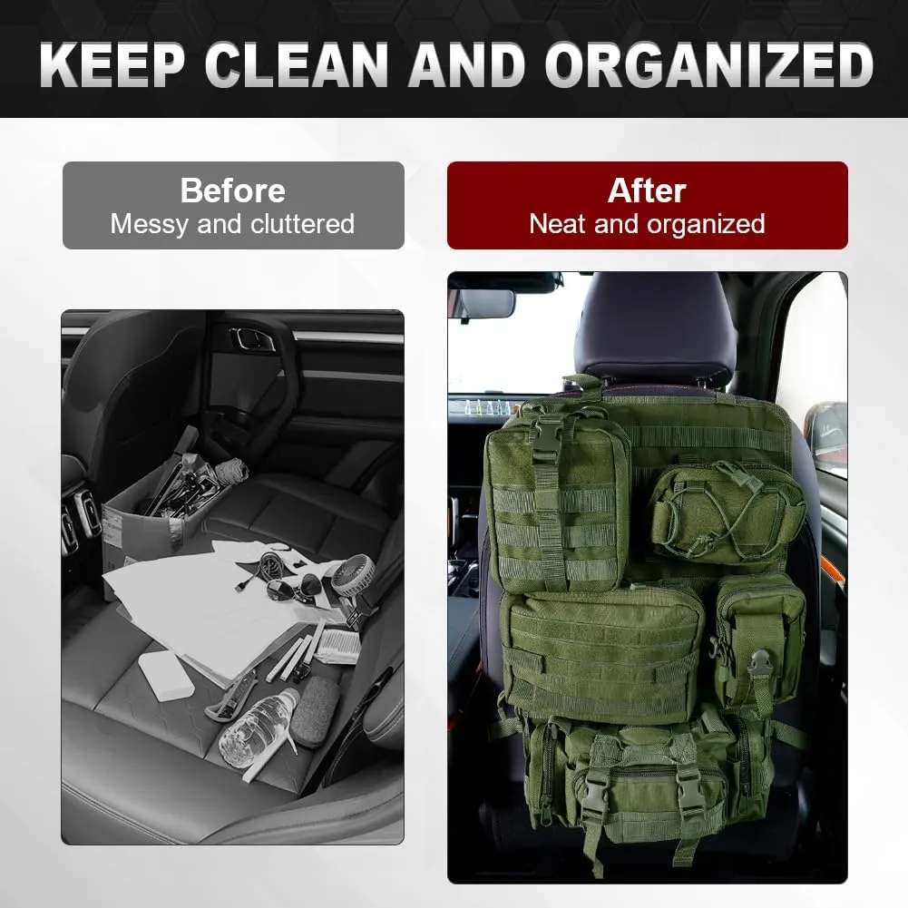 JDMON Universal Molle-compatible Tactical Seat Back Organizer Hanger Panel with 5 Detachable Multifunctional Storage Pouch Fit for Most Vehicel Replacement for Chevy GMC Ford Jeep SUV Car(Army Green)