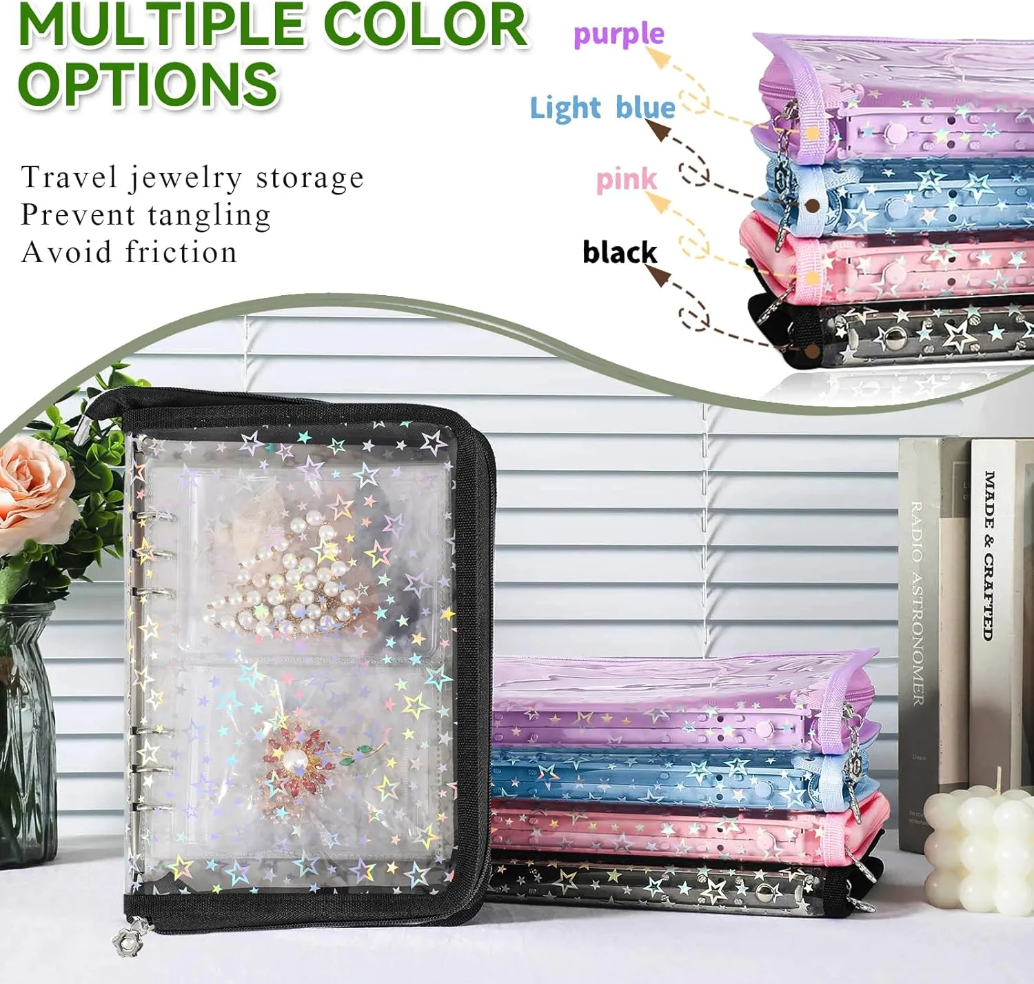 Jewelry Organizer Case Travel Clear Earring Organizer Case Transparent Jewelry Storage Book with Clear Zippered Jewelry Pouch (Black, with 48 Pcs large Jewelry Pouches)