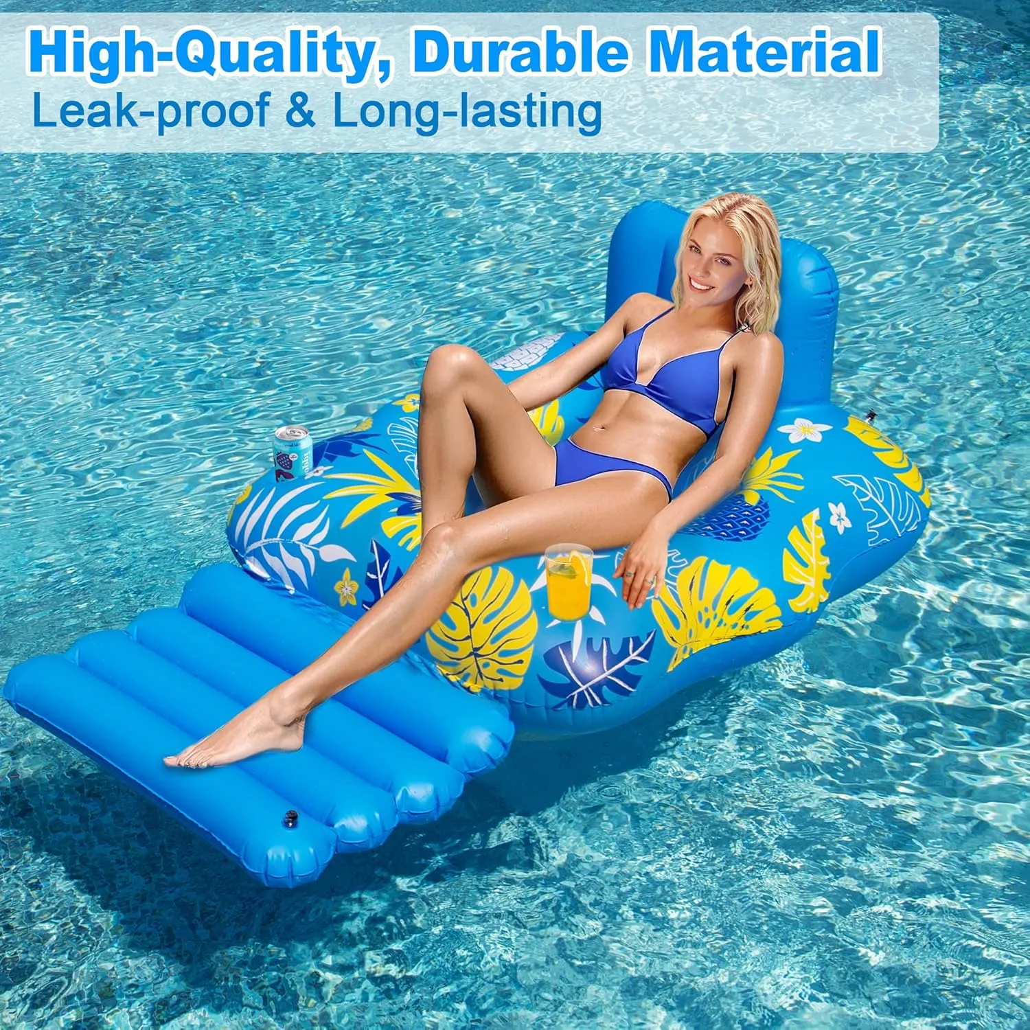 JOSEN Inflatable Pool Lounger Float, Heavy Duty Pool Floats for Adults with Innovative Footrest&Cup Holders, Pool Chair for Swimming Pool, River, Lake & Beach Party