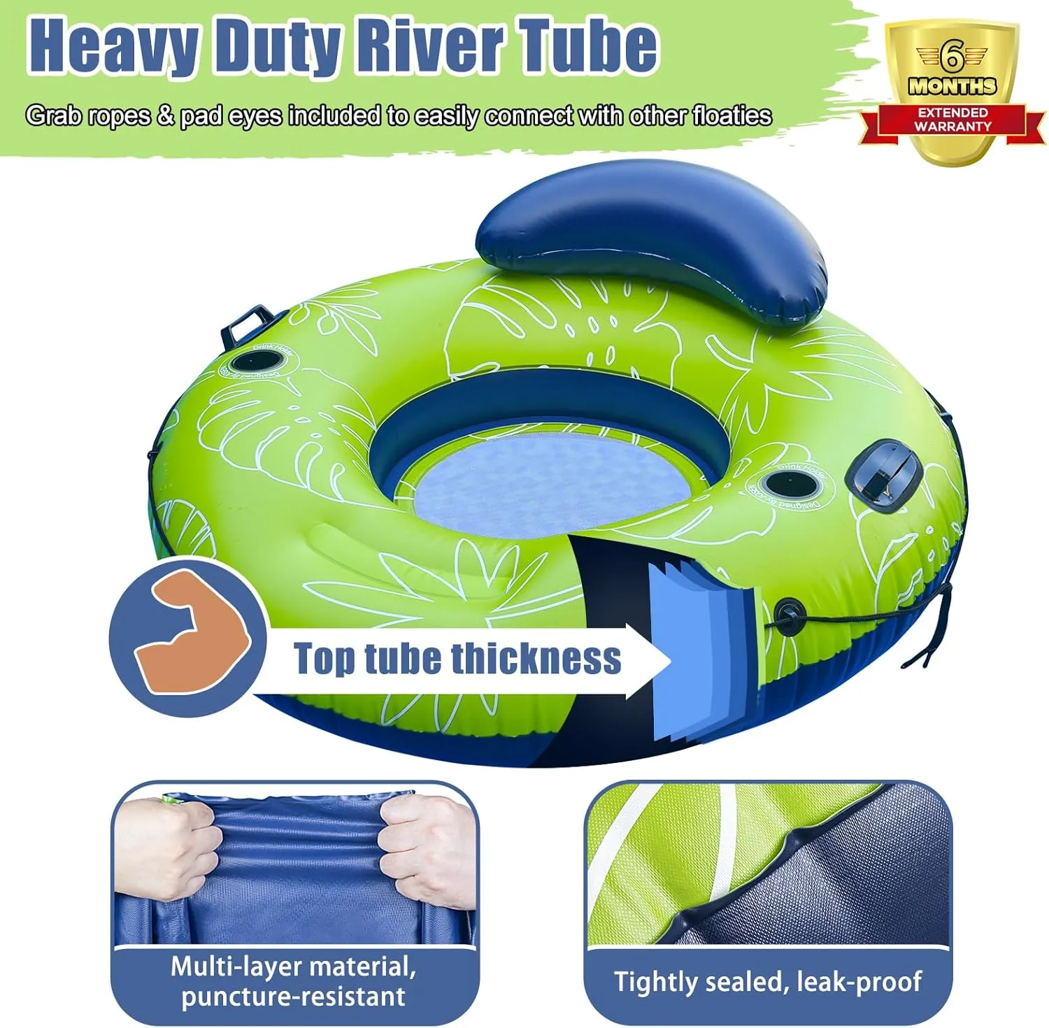 JOSEN River Floats for Adults Heavy Duty 350lb, XL River Tubes for Floating - 53" Large Pool Floats Adult with 2 Cup Holders, Inflatable Floating Tube, River Run Tube Lake Water Tubes