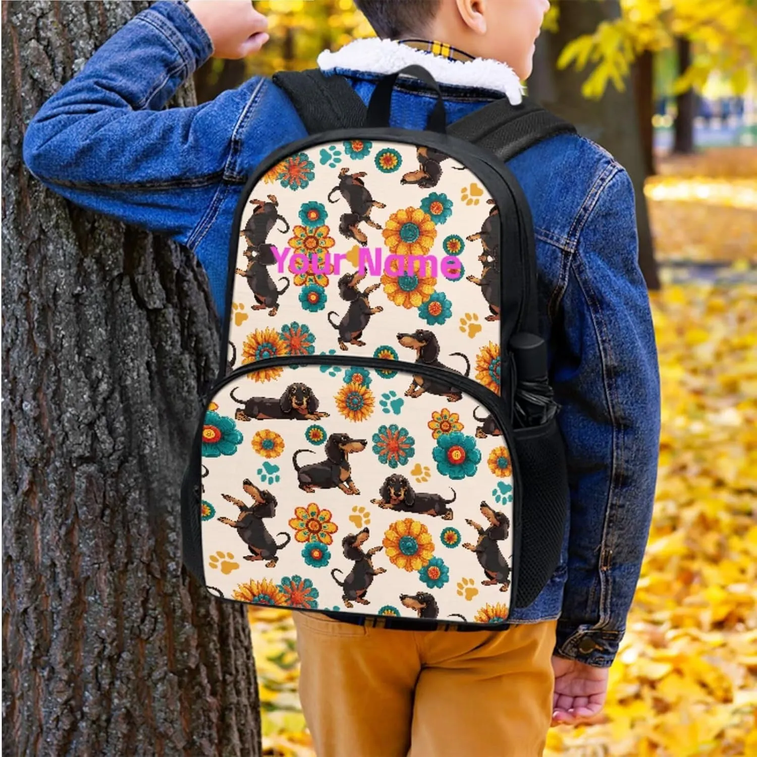 JoyLamoria Kids Custom Backpack 3pcs Dachshund Flower Paw Lunch Bag Pencil Case Lightweight Adjustable Shoulder Strap School Bags Fashion Outdoor