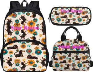JoyLamoria Kids Custom Backpack 3pcs Dachshund Flower Paw Lunch Bag Pencil Case Lightweight Adjustable Shoulder Strap School Bags Fashion Outdoor