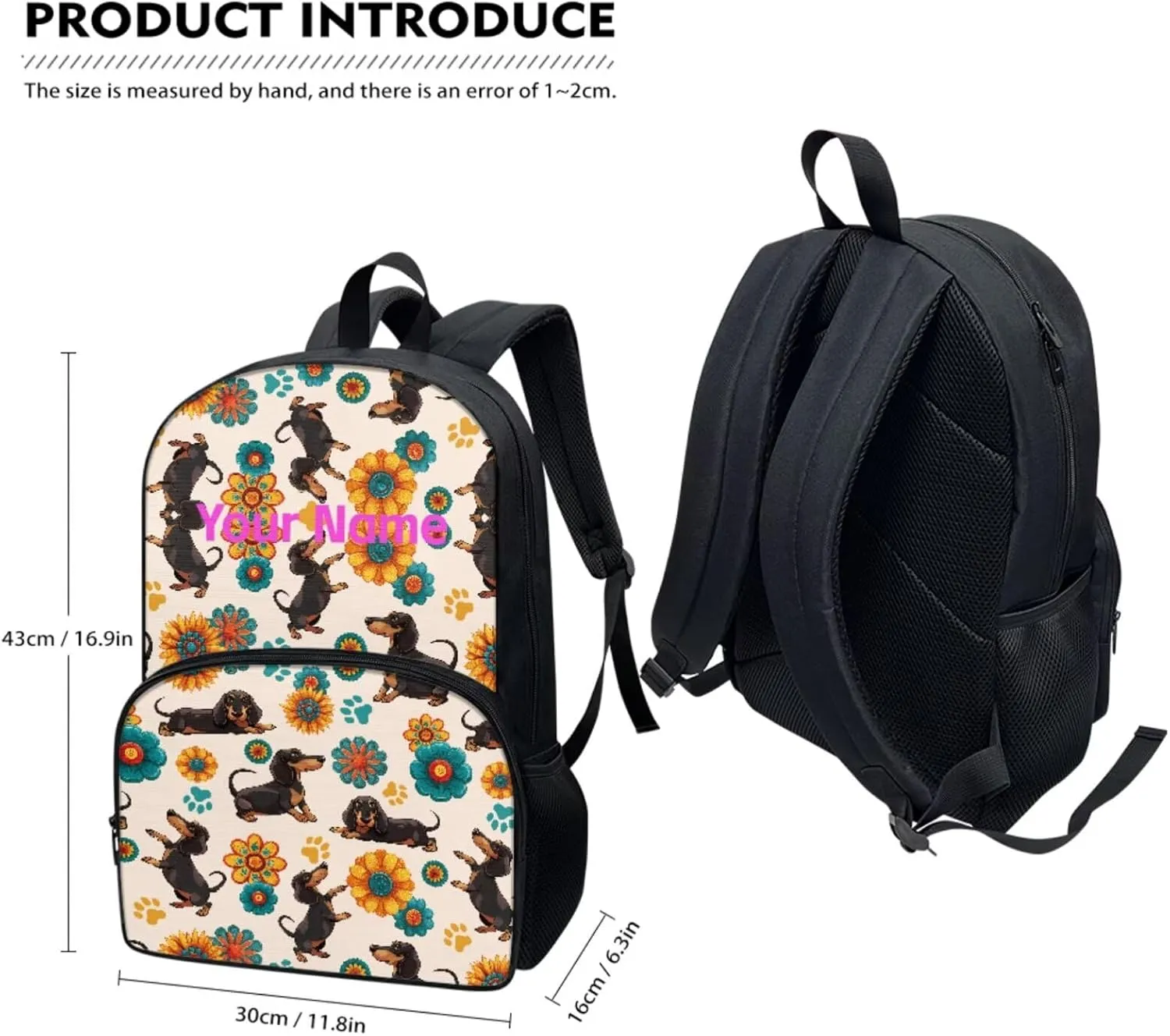 JoyLamoria Kids Custom Backpack 3pcs Dachshund Flower Paw Lunch Bag Pencil Case Lightweight Adjustable Shoulder Strap School Bags Fashion Outdoor