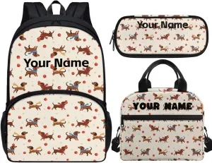 JoyLamoria Kids Custom Backpack 3pcs Dachshund Fruit Lunch Bag Pencil Case Lightweight Portable Personalized Adjustable Shoulder Strap School Bags Outdoor