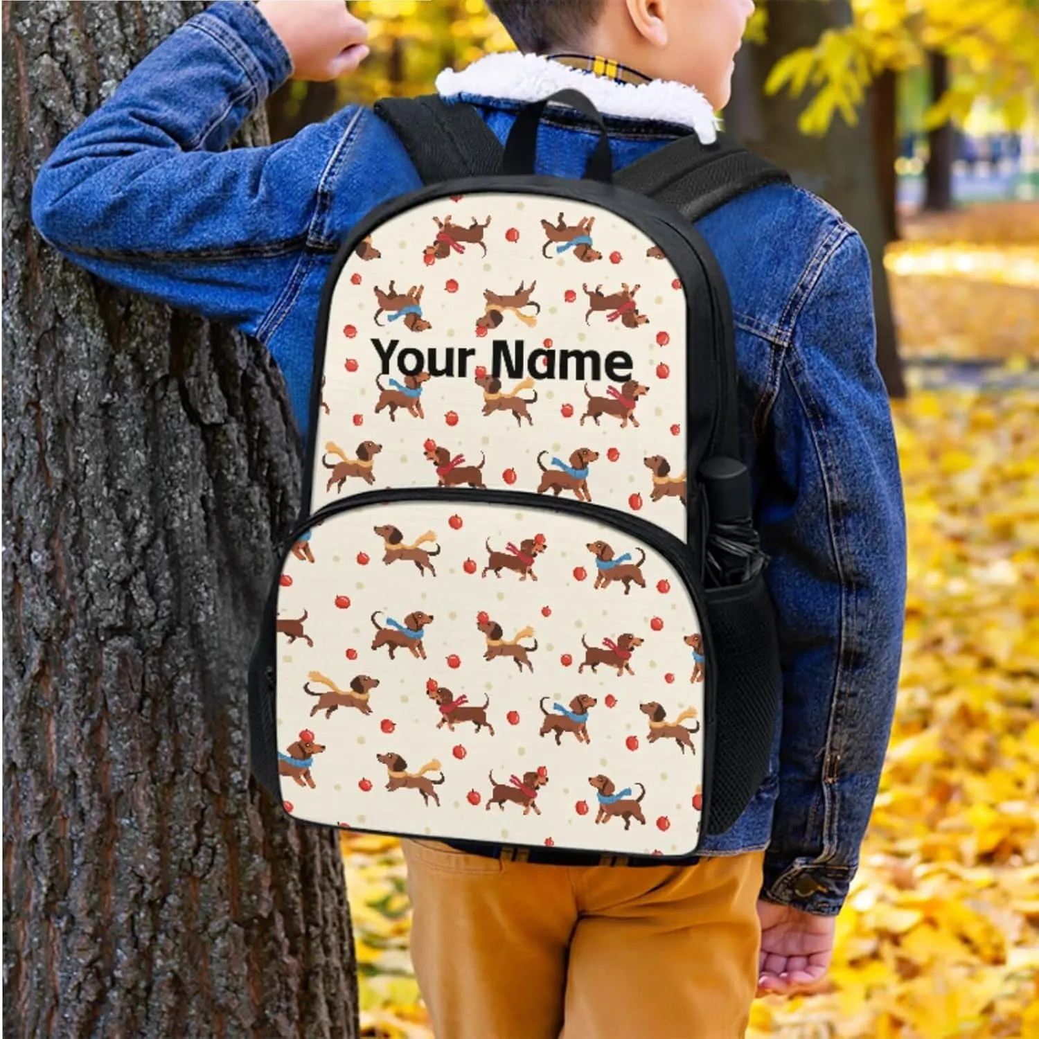 JoyLamoria Kids Custom Backpack 3pcs Dachshund Fruit Lunch Bag Pencil Case Lightweight Portable Personalized Adjustable Shoulder Strap School Bags Outdoor