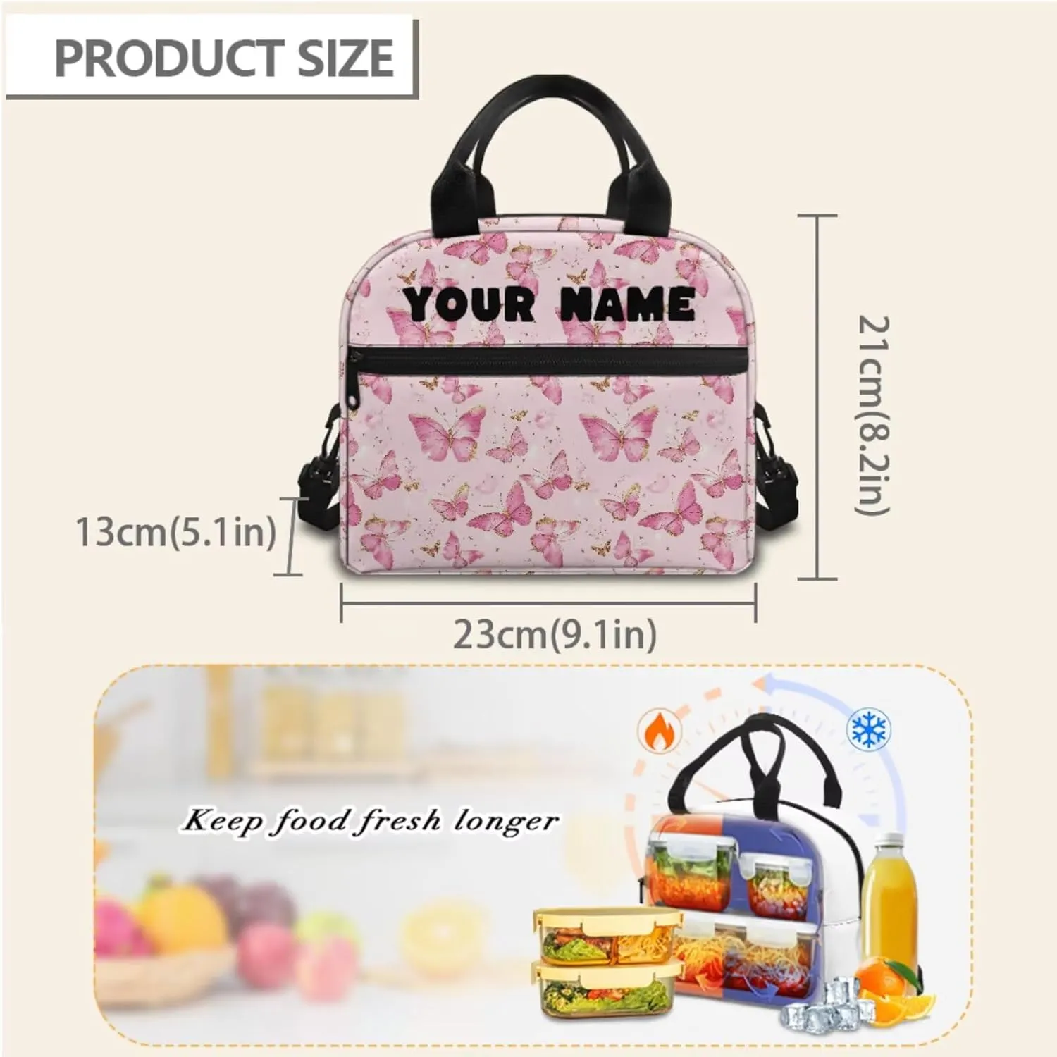 JoyLamoria Kids Custom Backpack 3pcs Pink Butterfly Lunch Bag Pencil Case Personalized Adjustable Shoulder Strap School Bags Daypack Versatile Outdoor