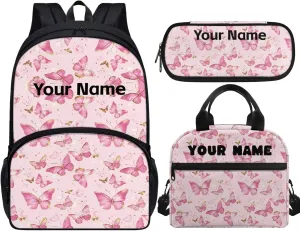 JoyLamoria Kids Custom Backpack 3pcs Pink Butterfly Lunch Bag Pencil Case Personalized Adjustable Shoulder Strap School Bags Daypack Versatile Outdoor