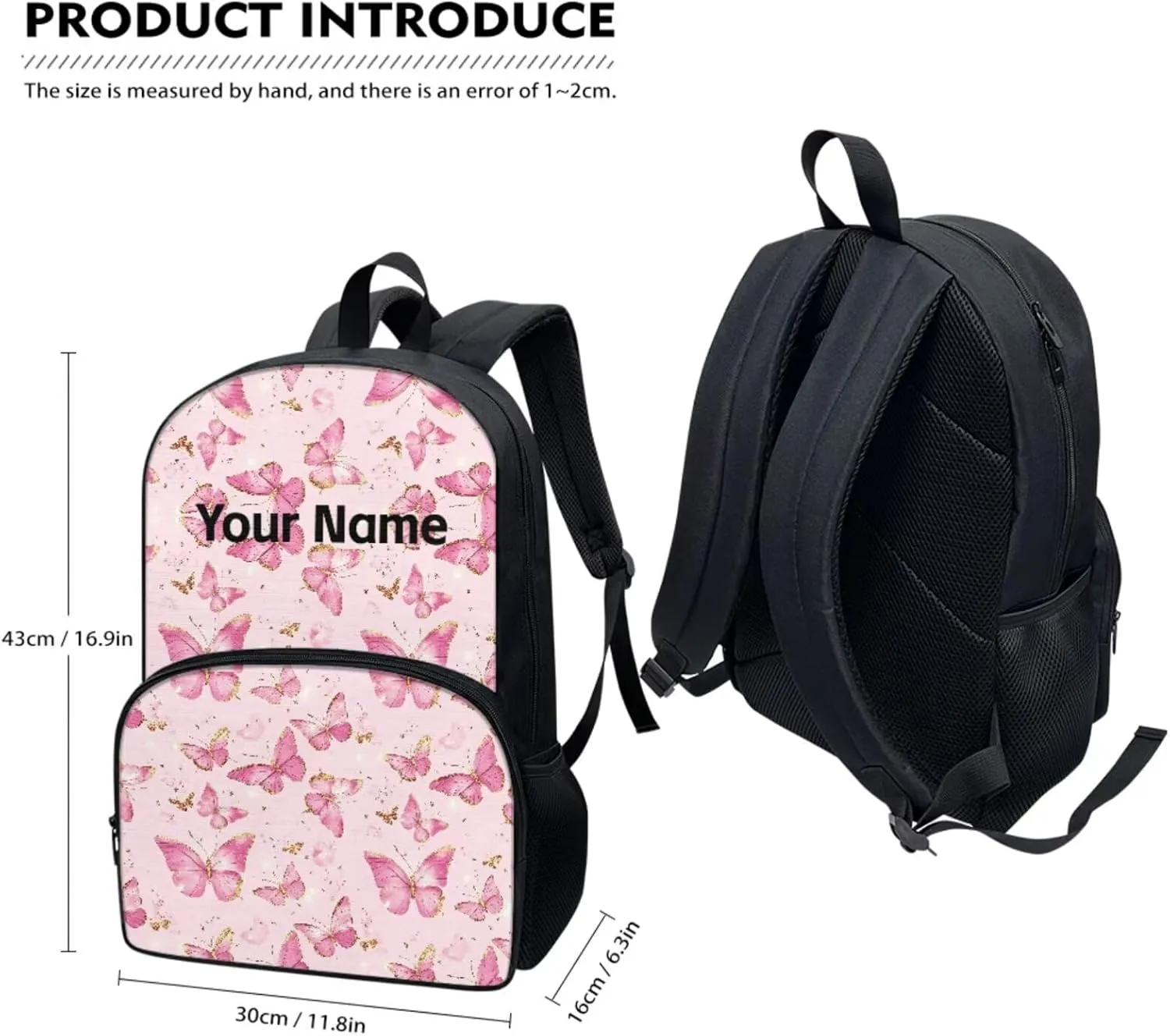 JoyLamoria Kids Custom Backpack 3pcs Pink Butterfly Lunch Bag Pencil Case Personalized Adjustable Shoulder Strap School Bags Daypack Versatile Outdoor