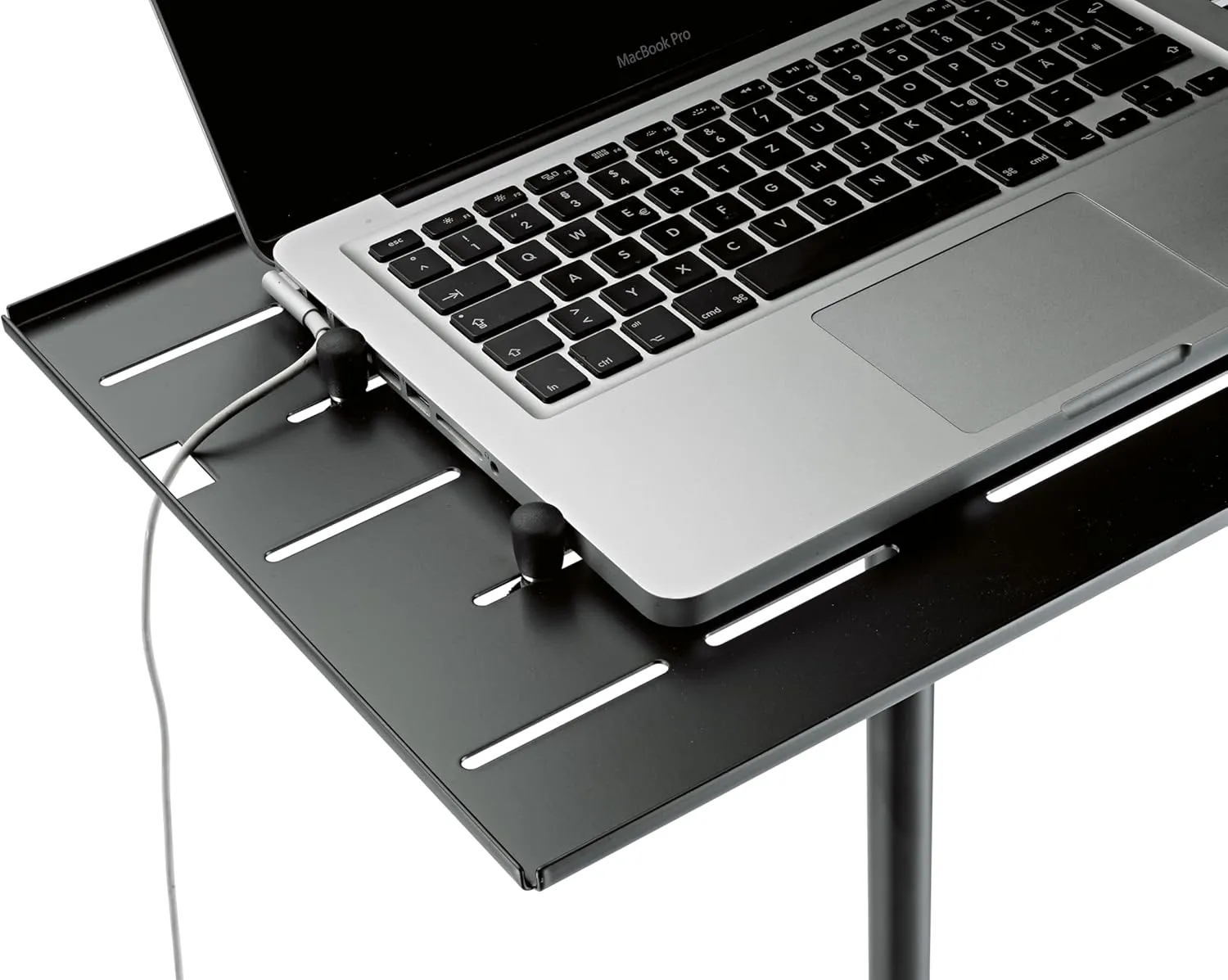 K&M Konig & Meyer 12185.000.55 Laptop Stand | Oversized Desk w/Adjustable Height & Securing Bolts | Cross Brace Foldable Tripod Legs | Ergonomic | Compact | Portable | German Made | Black