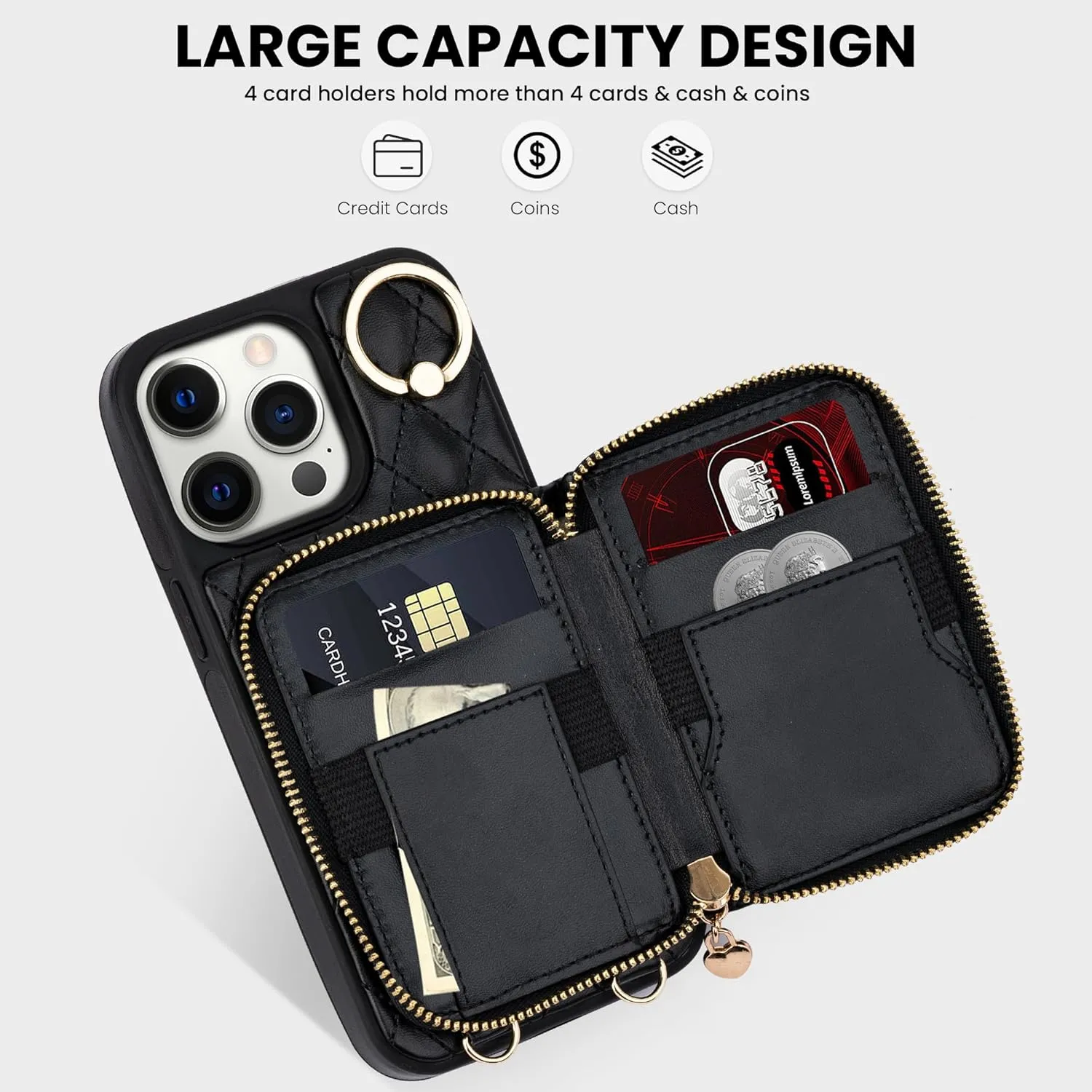 Keallce Case for iPhone 12 Pro/iPhone 12 6.1'' Wallet Case, Crossbody Zipper Purse Handbag Wristlet for Women, RFID Blocking Card Holders, Ring Kickstand Flip Leather Cover for iPhone 12/12 Pro, Black