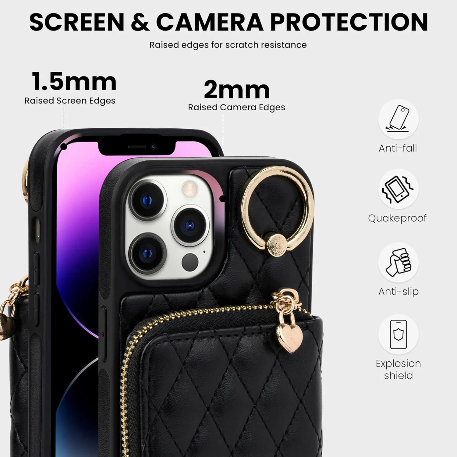 Keallce Case for iPhone 12 Pro/iPhone 12 6.1'' Wallet Case, Crossbody Zipper Purse Handbag Wristlet for Women, RFID Blocking Card Holders, Ring Kickstand Flip Leather Cover for iPhone 12/12 Pro, Black