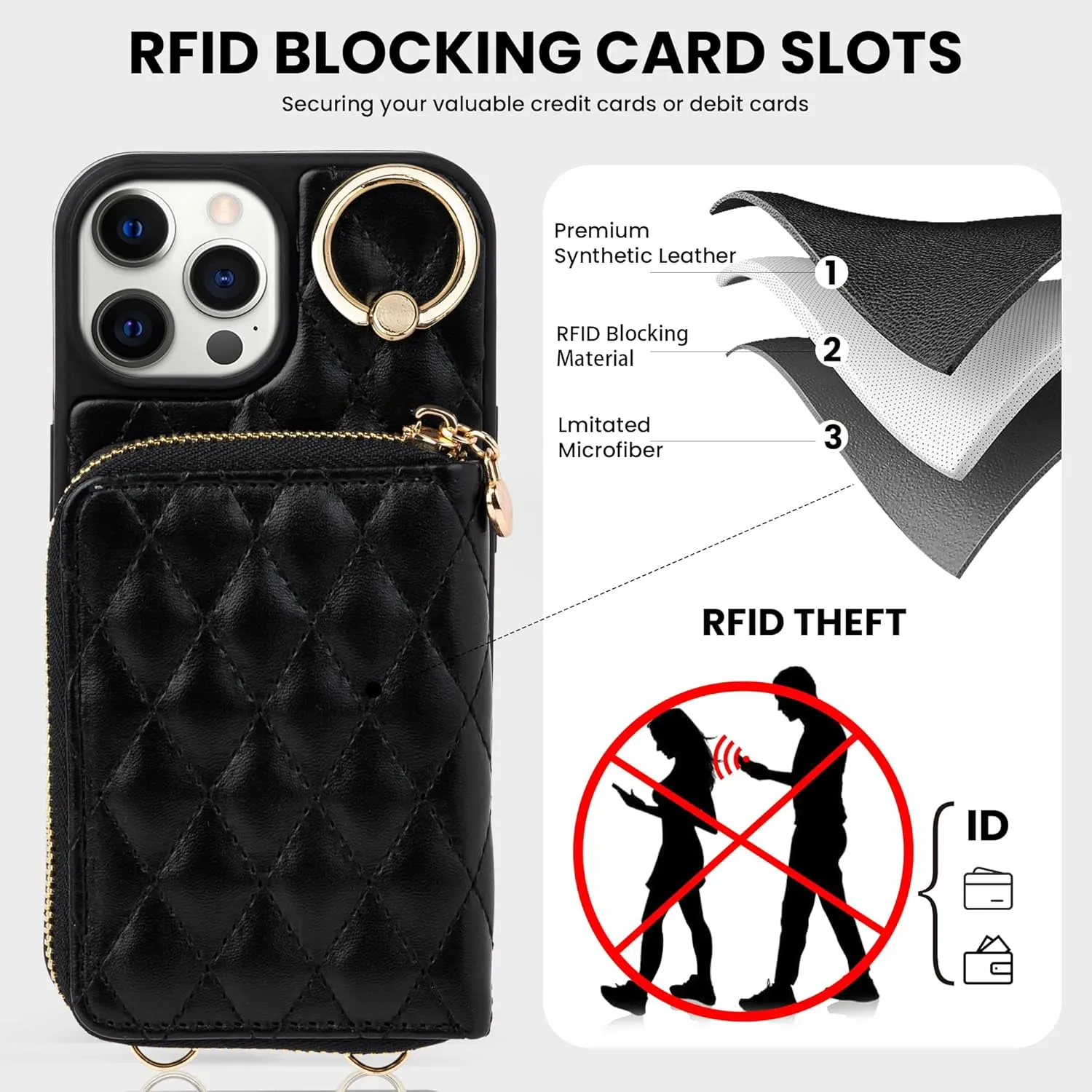 Keallce Case for iPhone 12 Pro/iPhone 12 6.1'' Wallet Case, Crossbody Zipper Purse Handbag Wristlet for Women, RFID Blocking Card Holders, Ring Kickstand Flip Leather Cover for iPhone 12/12 Pro, Black