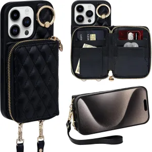 Keallce Case for iPhone 14 Pro 6.1'' Wallet Case, Crossbody Zipper Purse with Handbag Wristlet for Women, RFID Blocking Card Holders, 360° Ring Kickstand Flip Leather Cover for iPhone 14 Pro 5G, Black