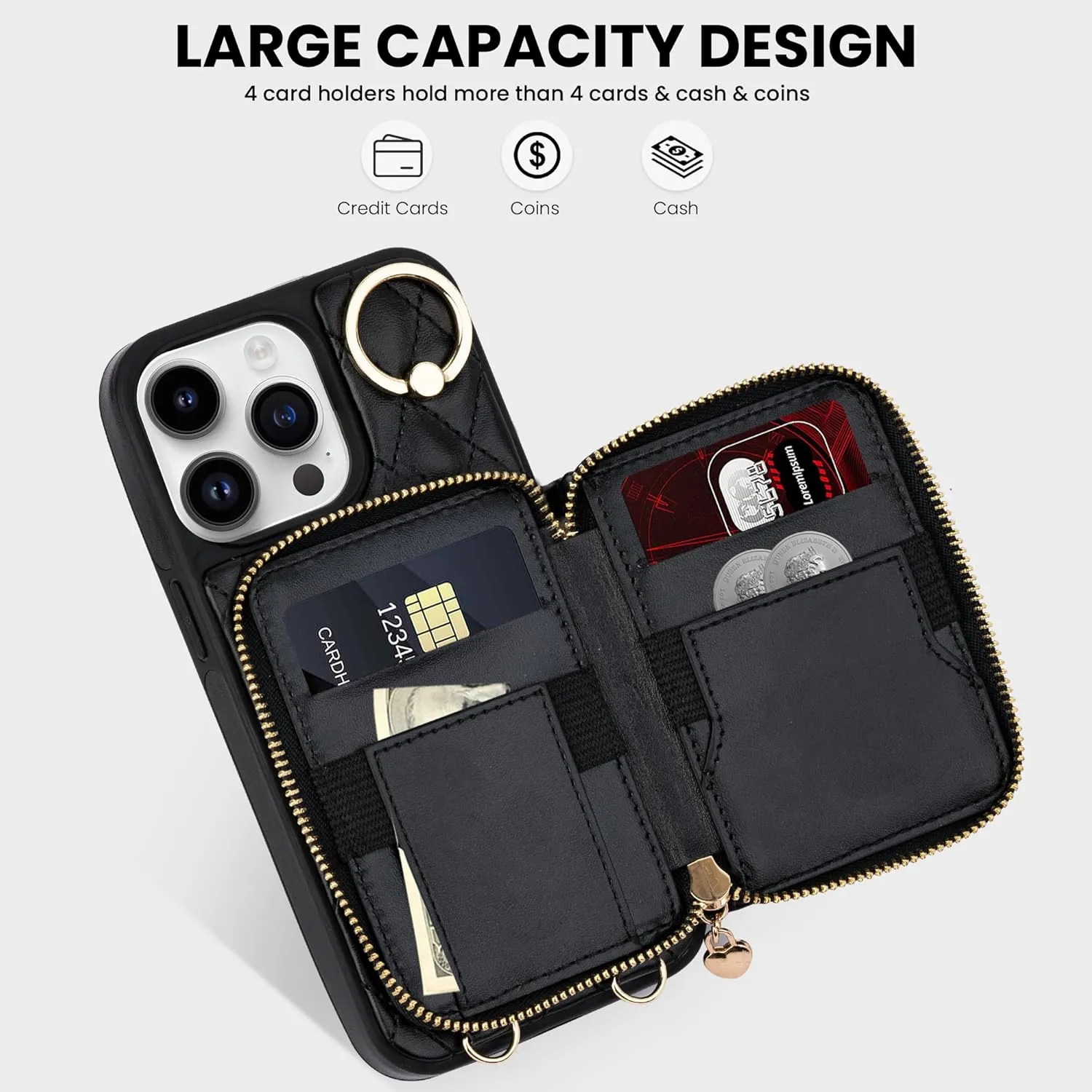 Keallce Case for iPhone 14 Pro 6.1'' Wallet Case, Crossbody Zipper Purse with Handbag Wristlet for Women, RFID Blocking Card Holders, 360° Ring Kickstand Flip Leather Cover for iPhone 14 Pro 5G, Black