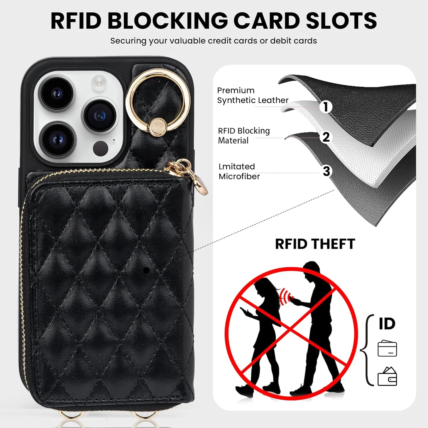 Keallce Case for iPhone 14 Pro 6.1'' Wallet Case, Crossbody Zipper Purse with Handbag Wristlet for Women, RFID Blocking Card Holders, 360° Ring Kickstand Flip Leather Cover for iPhone 14 Pro 5G, Black