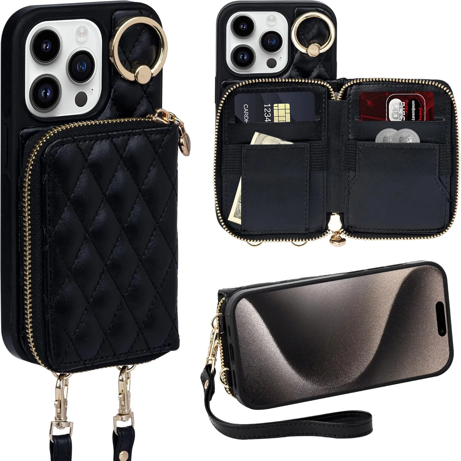 Keallce Case for iPhone 14 Pro 6.1'' Wallet Case, Crossbody Zipper Purse with Handbag Wristlet for Women, RFID Blocking Card Holders, 360° Ring Kickstand Flip Leather Cover for iPhone 14 Pro 5G, Black